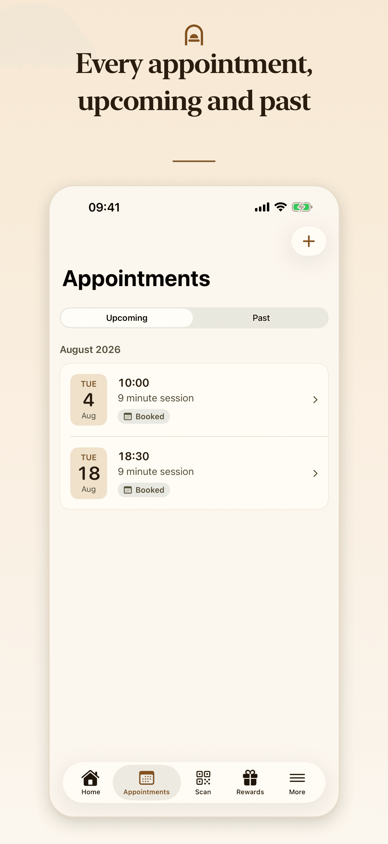 Appointments screen listing upcoming Beautifully Bronze salon visits