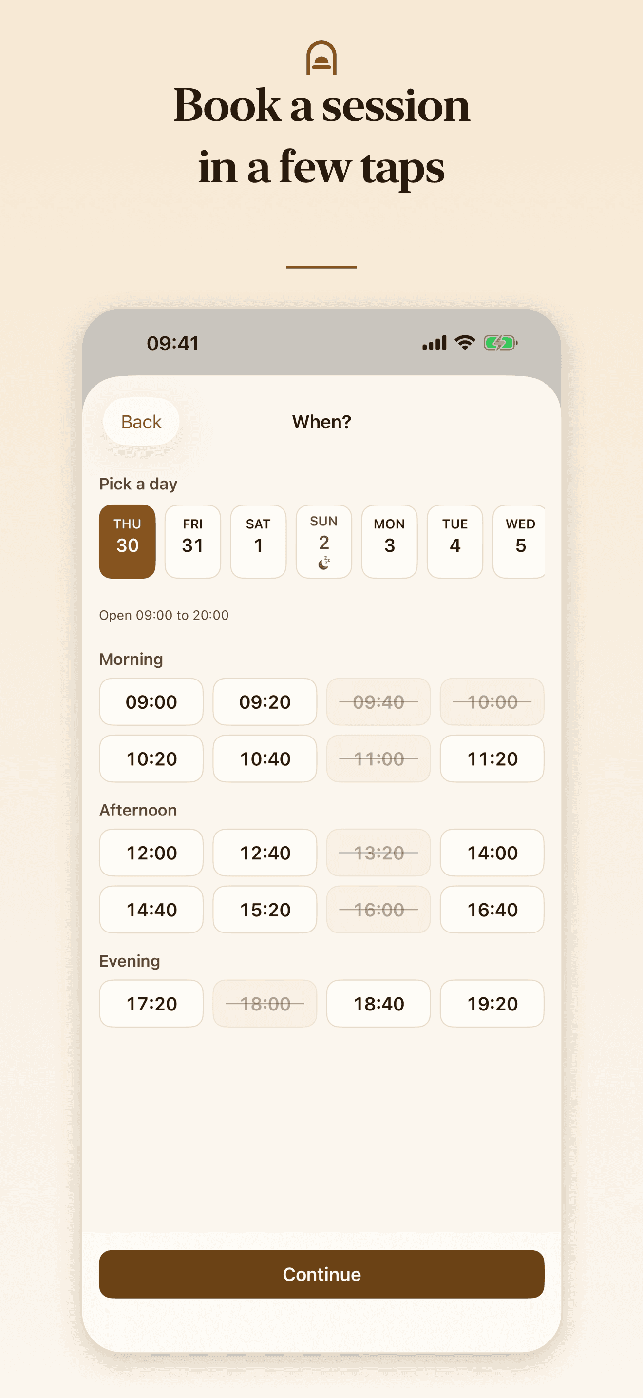 Booking screen for choosing a date and an available tanning session time