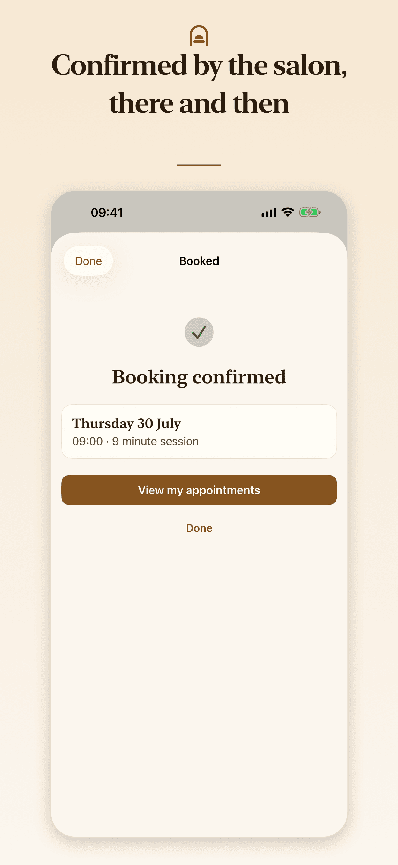 Beautifully Bronze booking confirmation screen with the confirmed date, time and session length