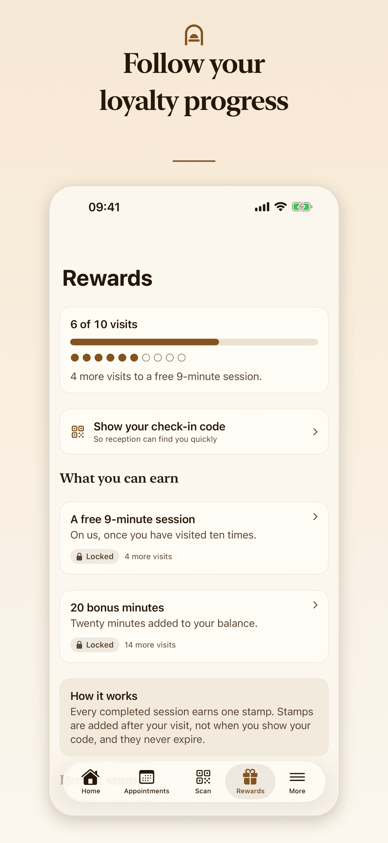 Rewards screen showing visit-stamp progress, a check-in code action and available rewards