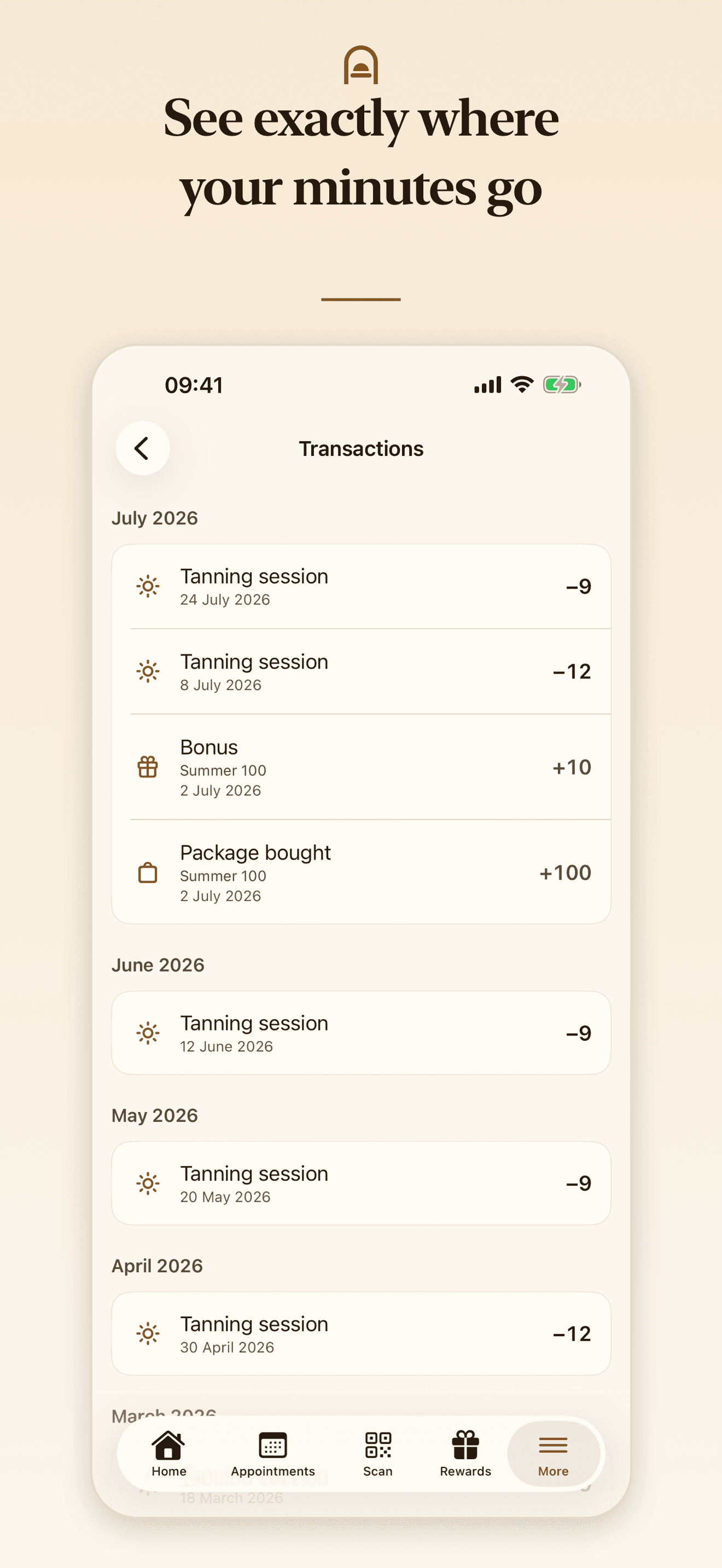 Wallet transaction history showing tanning sessions, a bonus and a package purchase