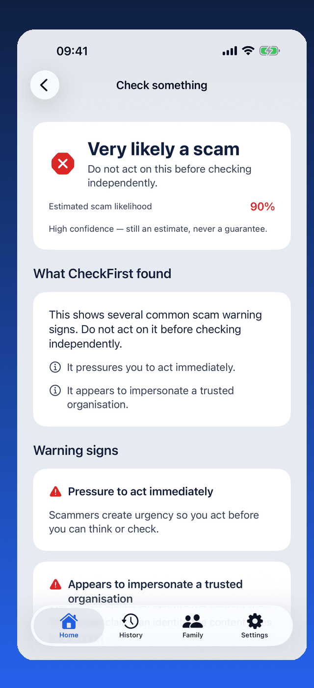Check First result screen warning that a message is very likely a scam and should be checked independently