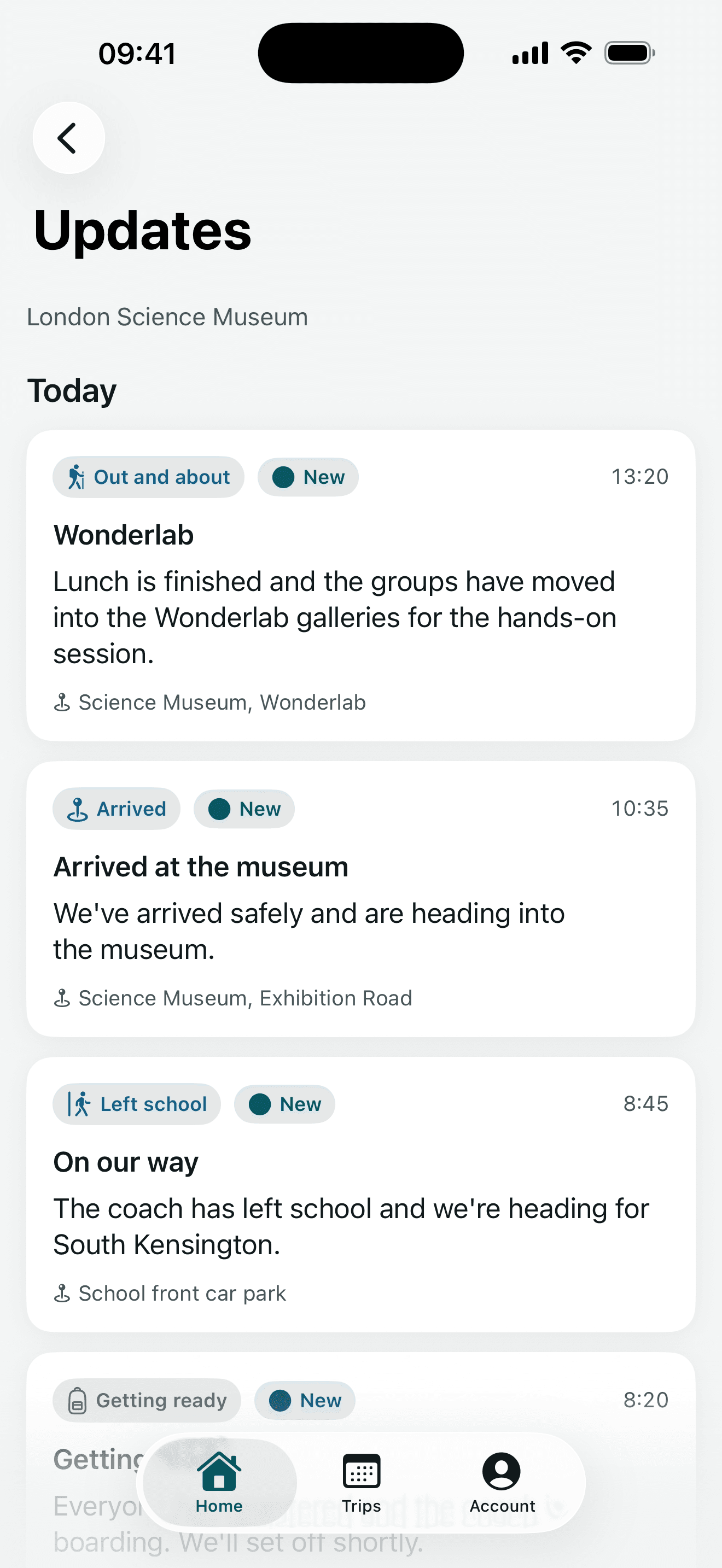 Trip updates screen listing messages from the trip team in time order
