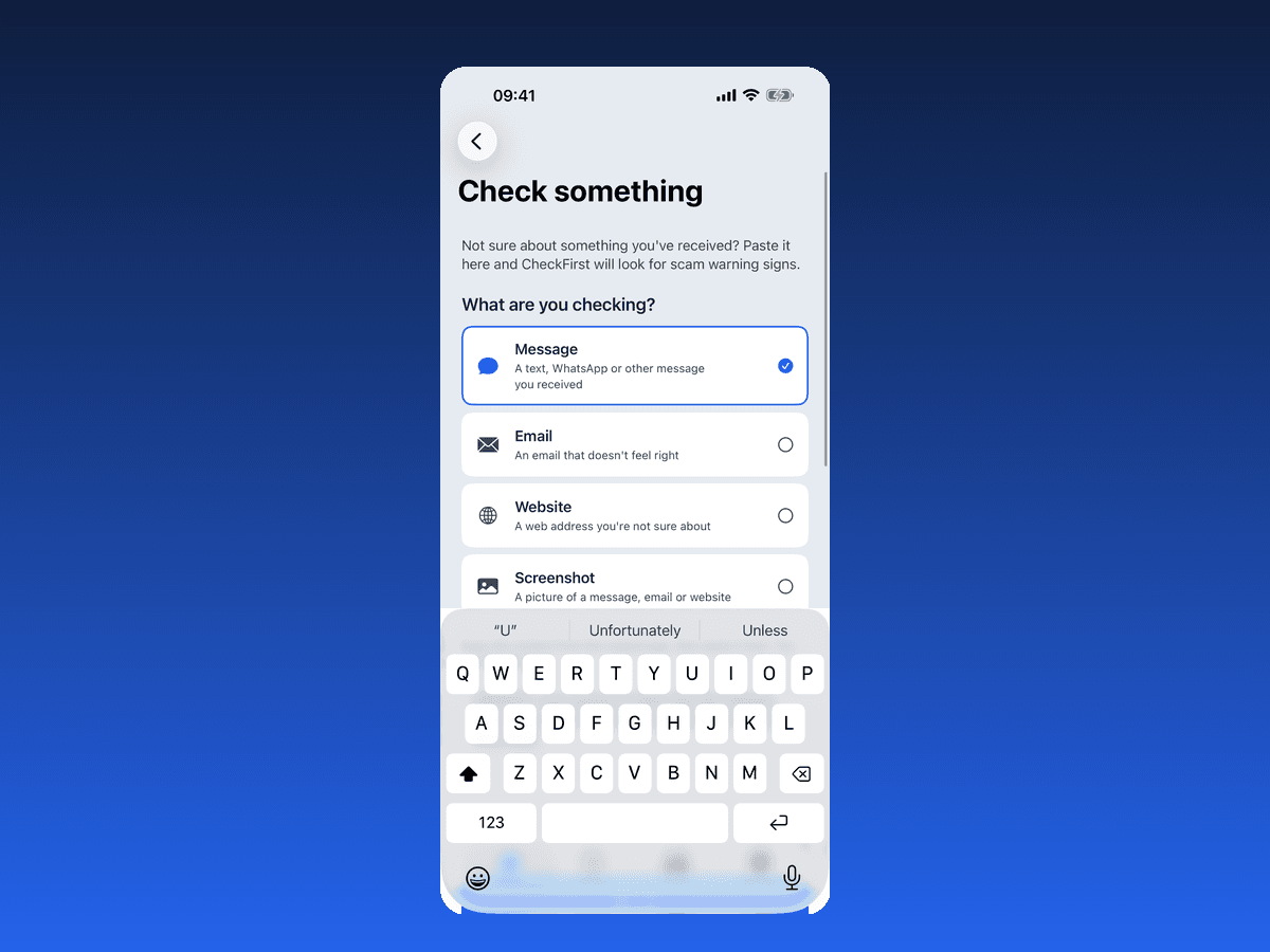 Check First “Check something” screen with options to check a message, email, website or screenshot