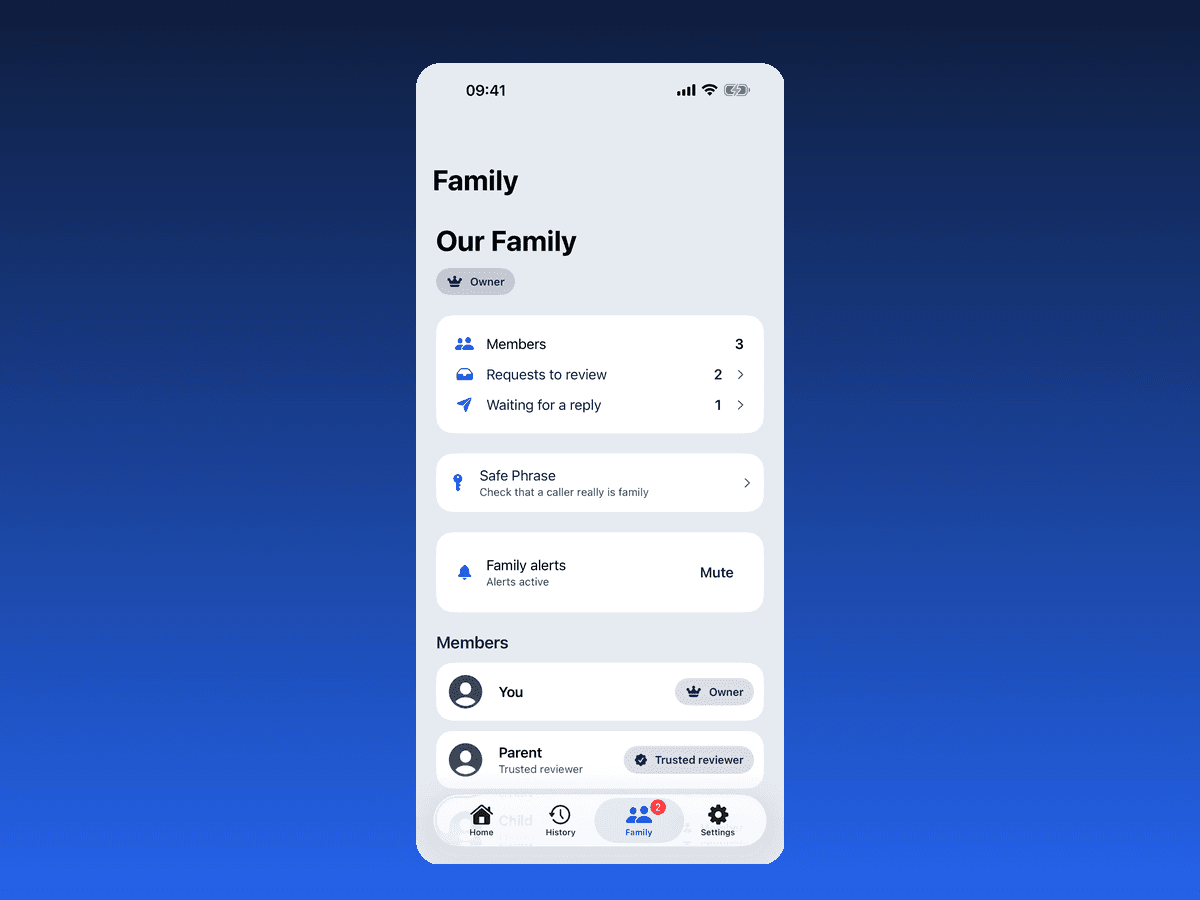 Check First family screen showing members, requests to review, a safe phrase and family alerts
