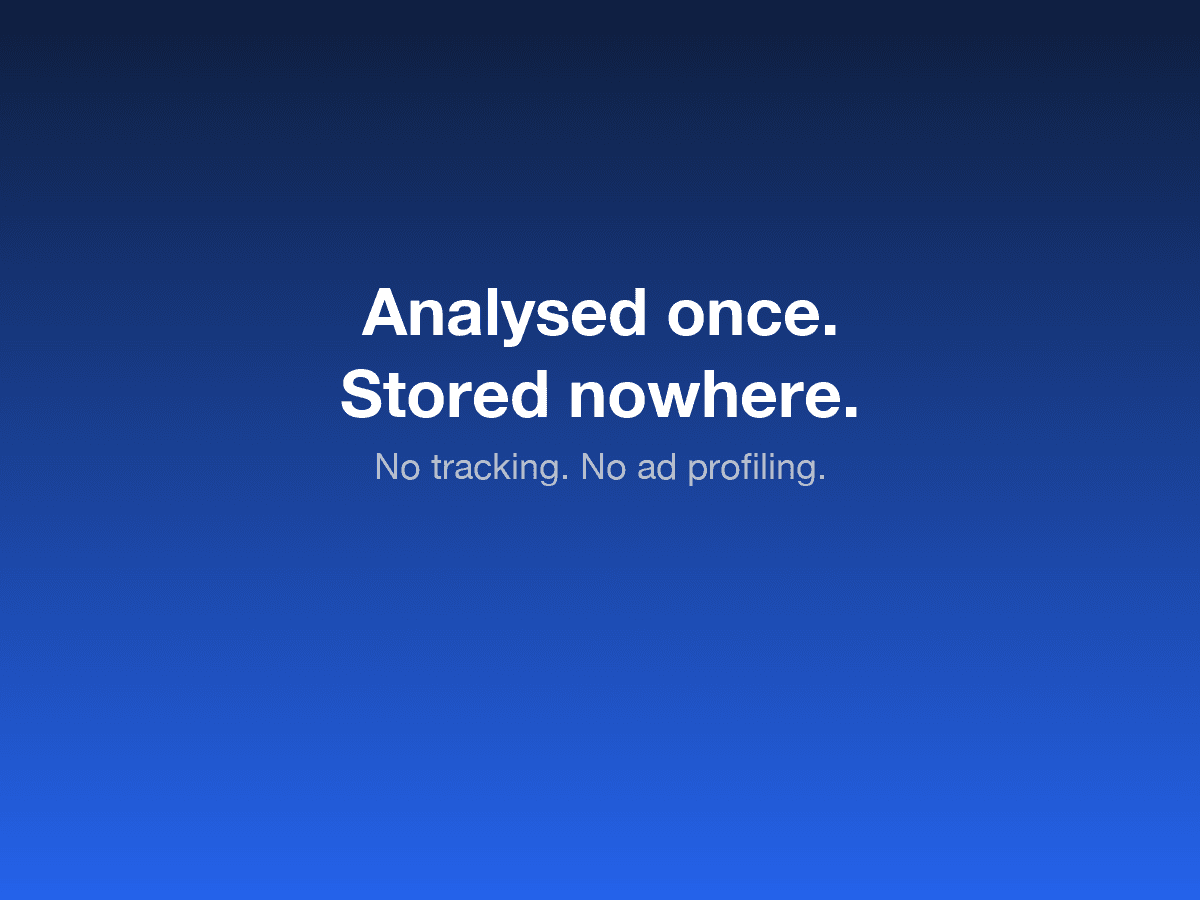 Check First privacy screen reading “Analysed once. Stored nowhere. No tracking. No ad profiling.”