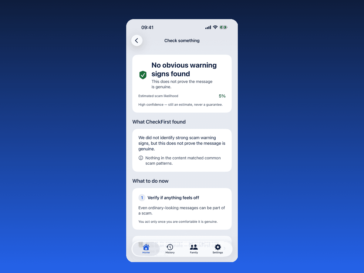 Check First result screen reading “No obvious warning signs found — this does not prove the message is genuine”, advising to verify if anything feels off