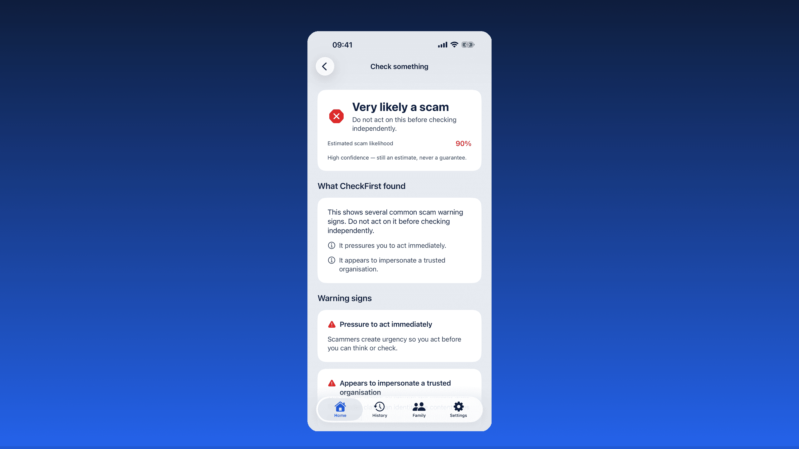 Check First result screen reading “Very likely a scam — do not act on this before checking independently”, listing warning signs such as pressure to act immediately and impersonating a trusted organisation