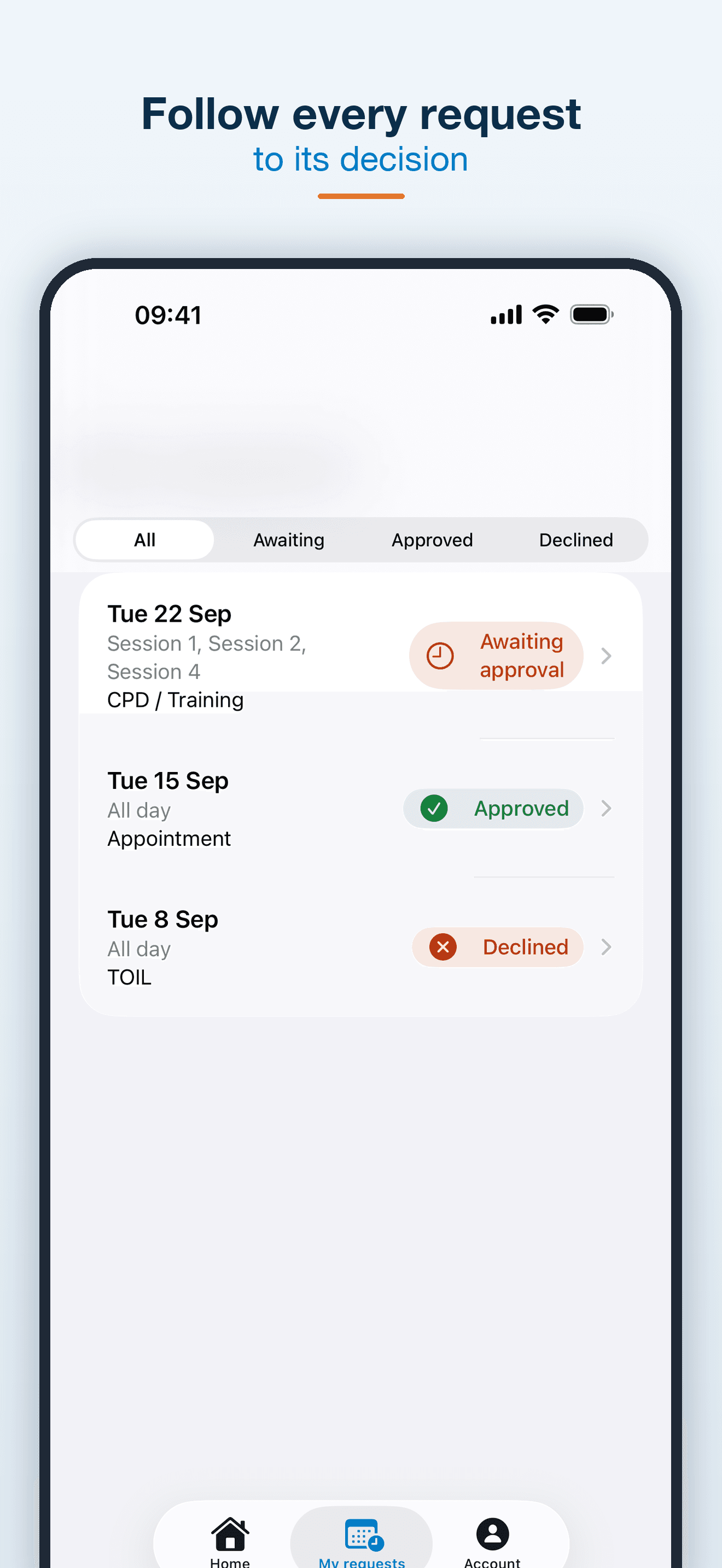 Staff request history filtered by awaiting, approved and declined status