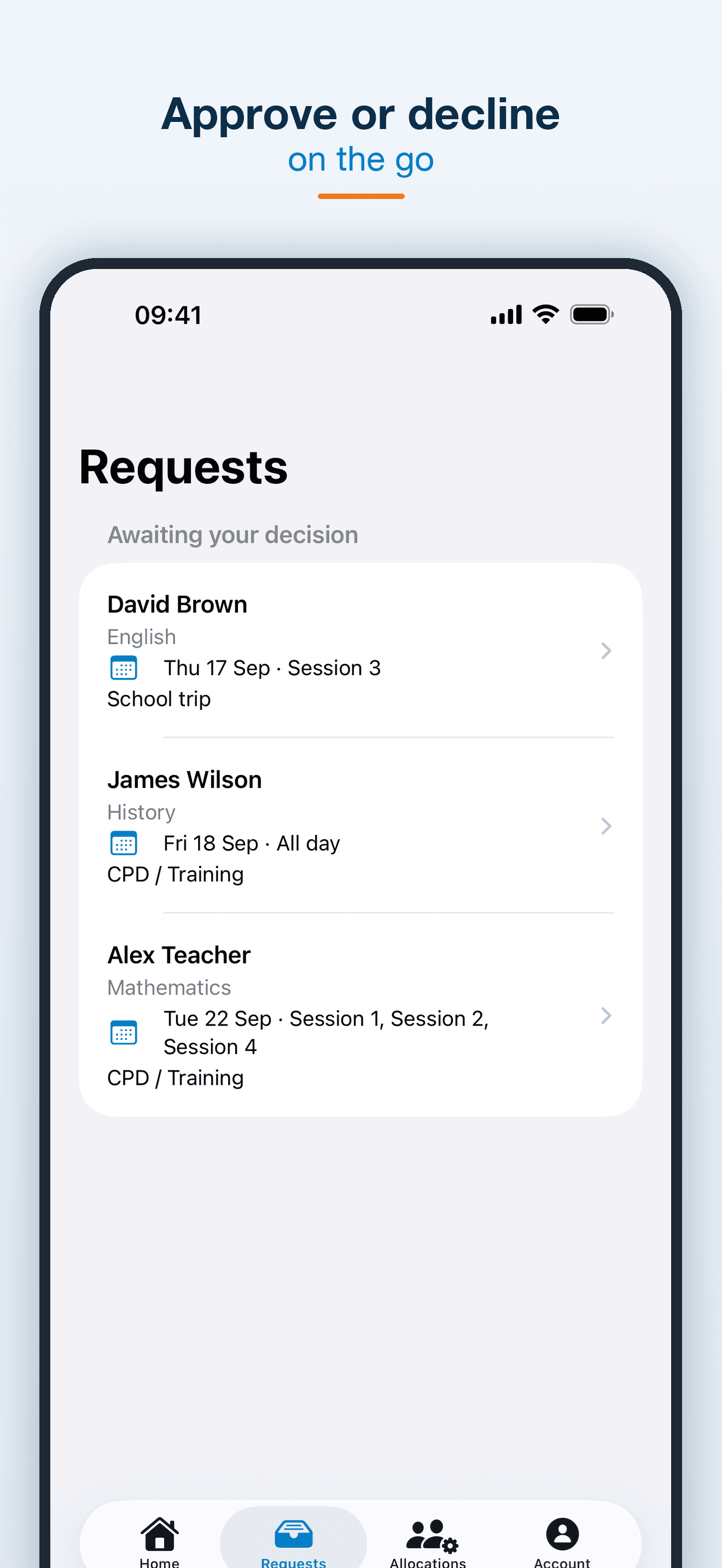 Manager request list showing staff absences awaiting a decision