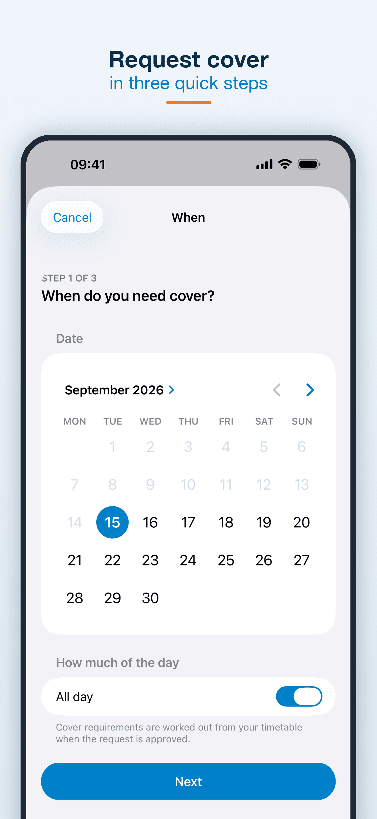 Cover request date picker with session and whole-day controls