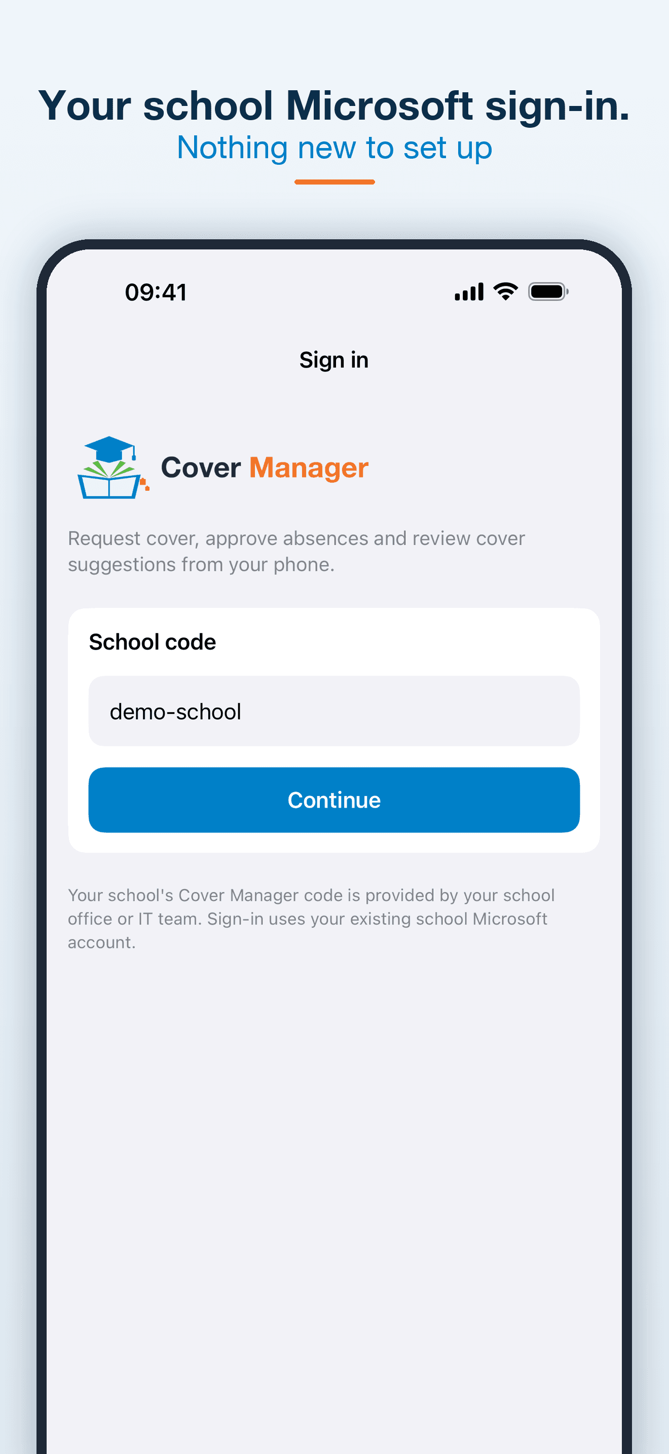 Cover Manager sign-in screen asking for the school's code