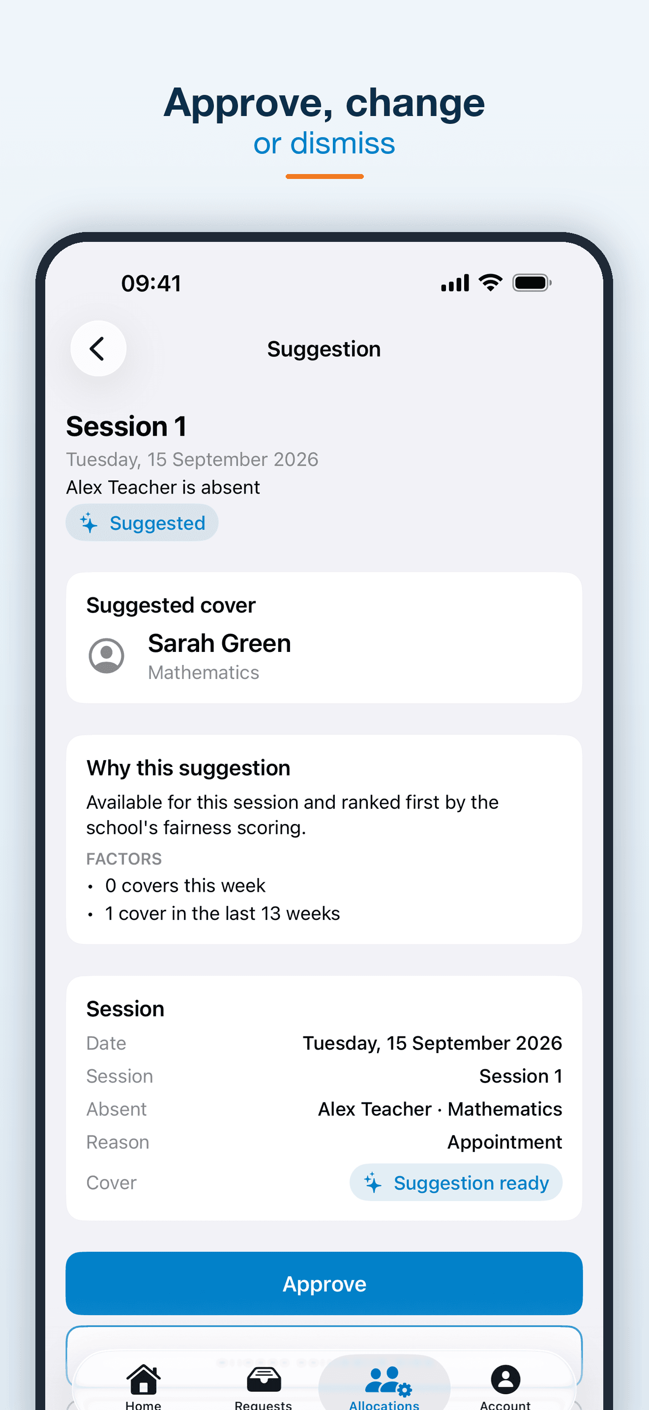 Cover suggestion detail with an explanation and an approval action