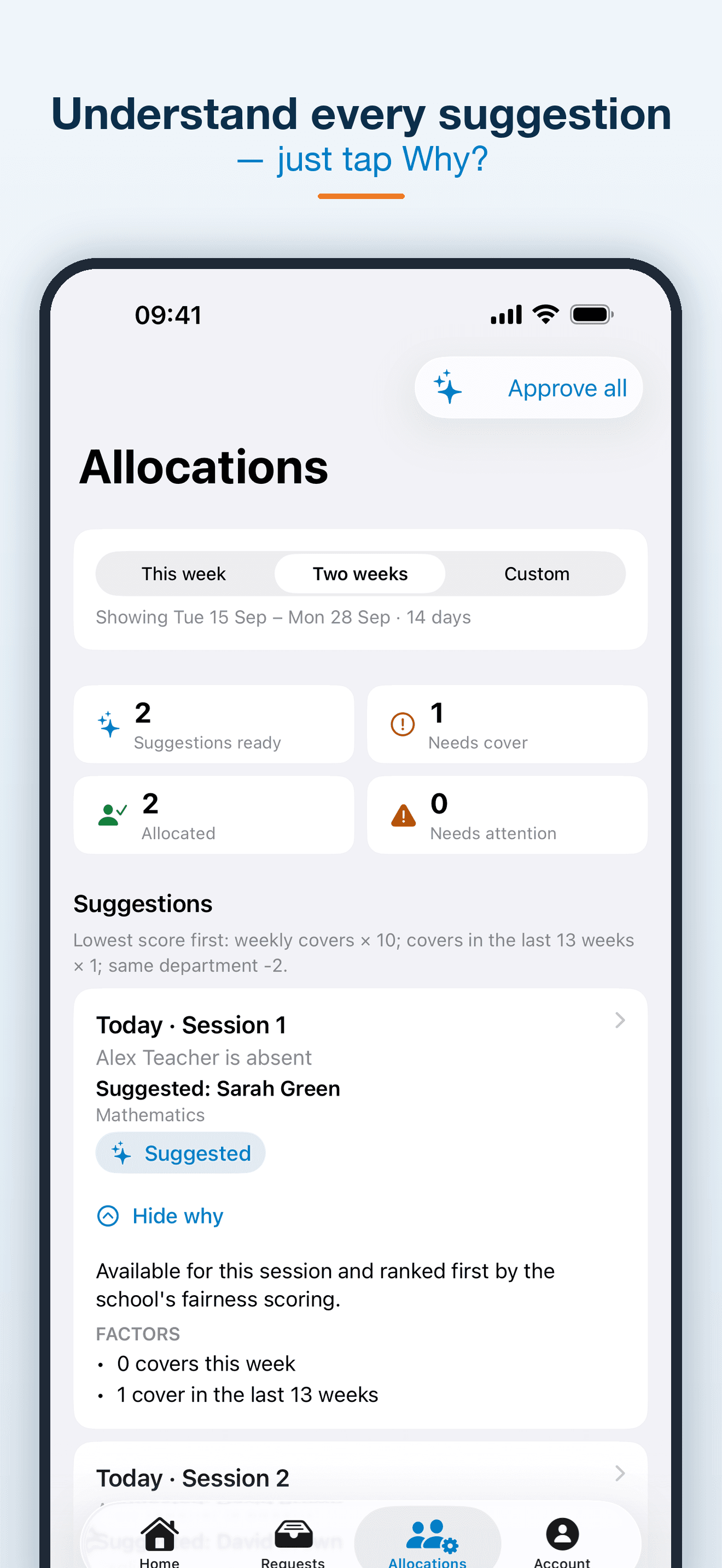 Allocation screen with an expanded explanation of a cover suggestion