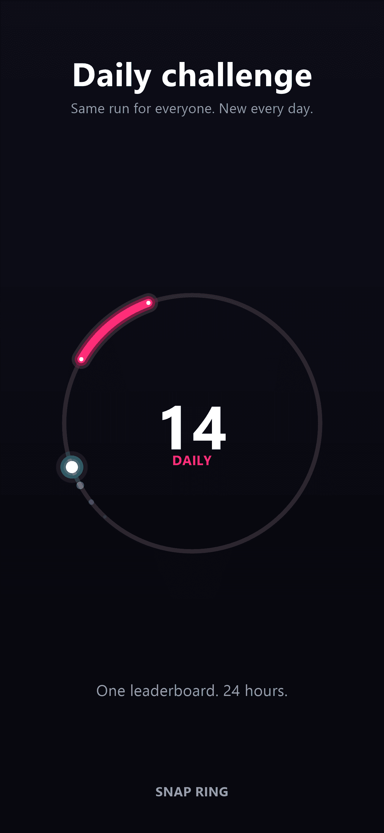 SNAP Ring daily challenge screen — the same run for everyone, new every day, with a daily score of 14