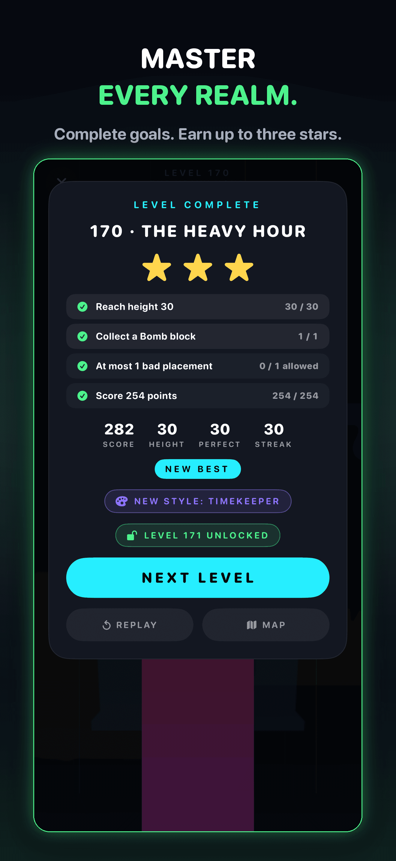 StackShift level-complete screen for level 170, The Heavy Hour, with three stars earned, goals ticked off and a new style unlocked