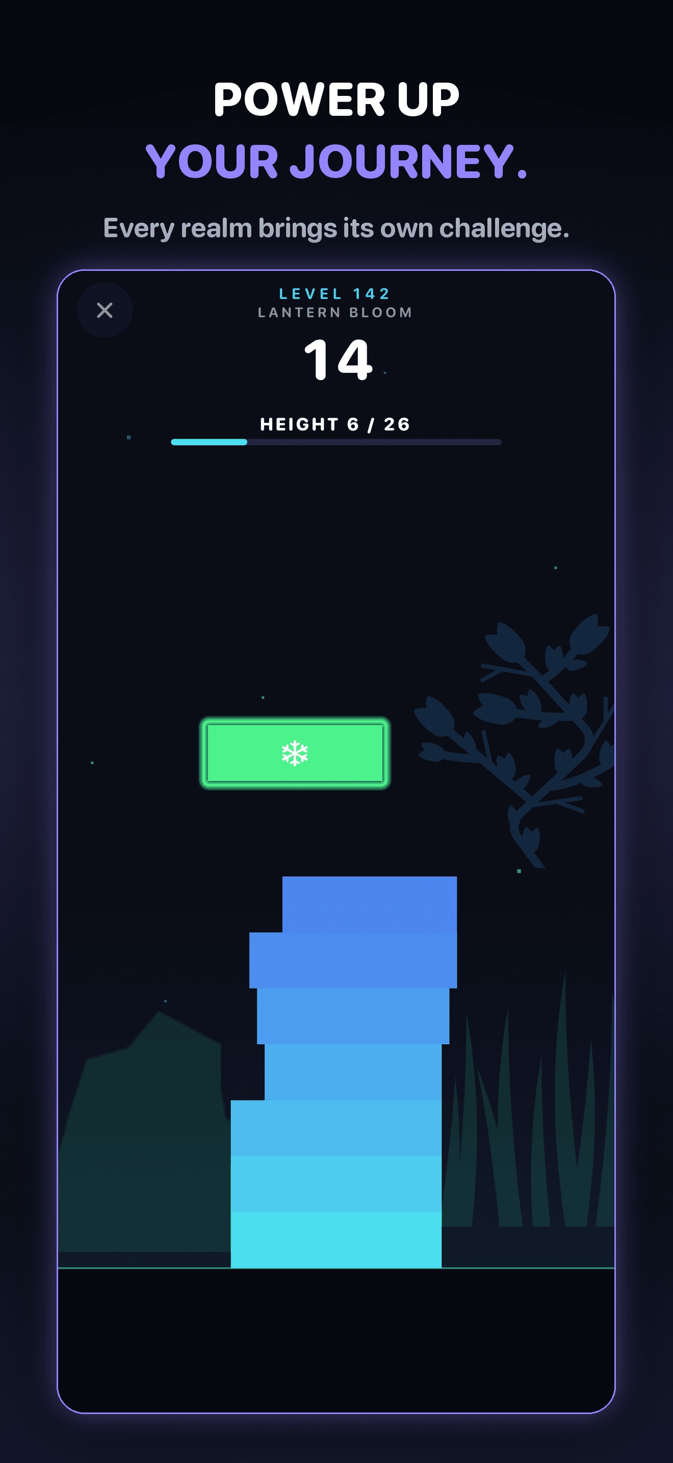 StackShift gameplay on level 142, Lantern Bloom, with a special green block about to drop onto a blue tower
