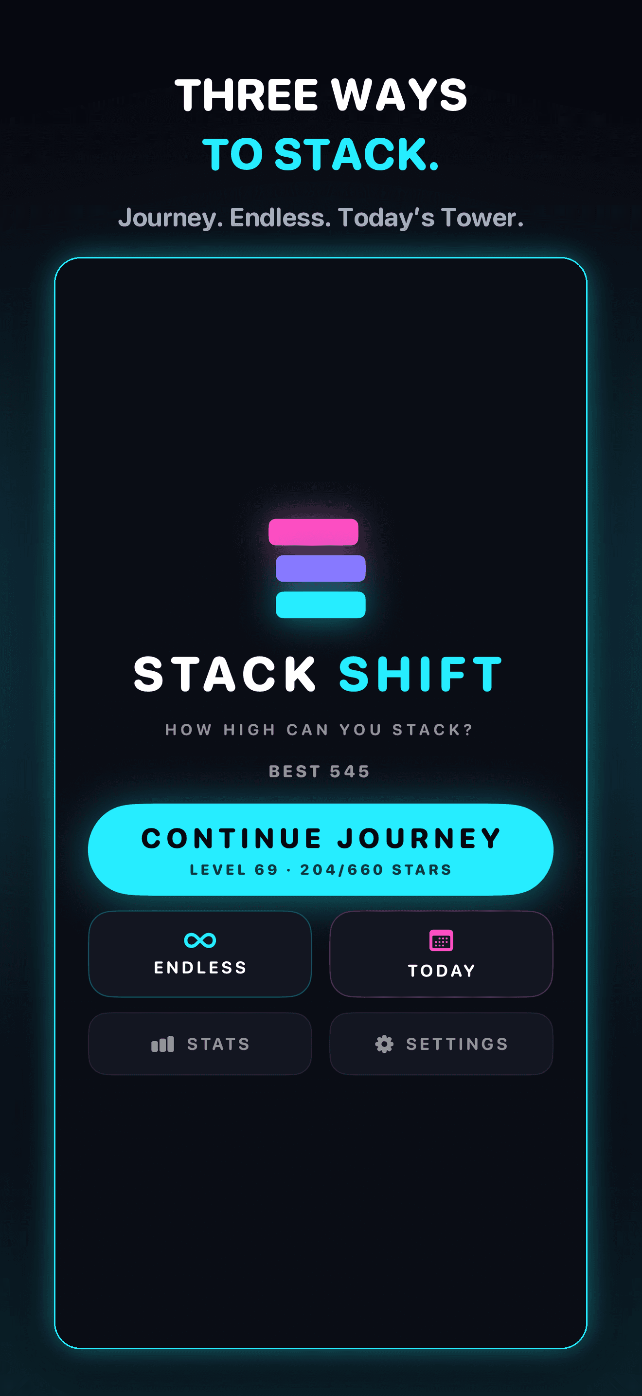 StackShift home screen with Continue Journey, Endless and Today's Tower modes plus stats and settings