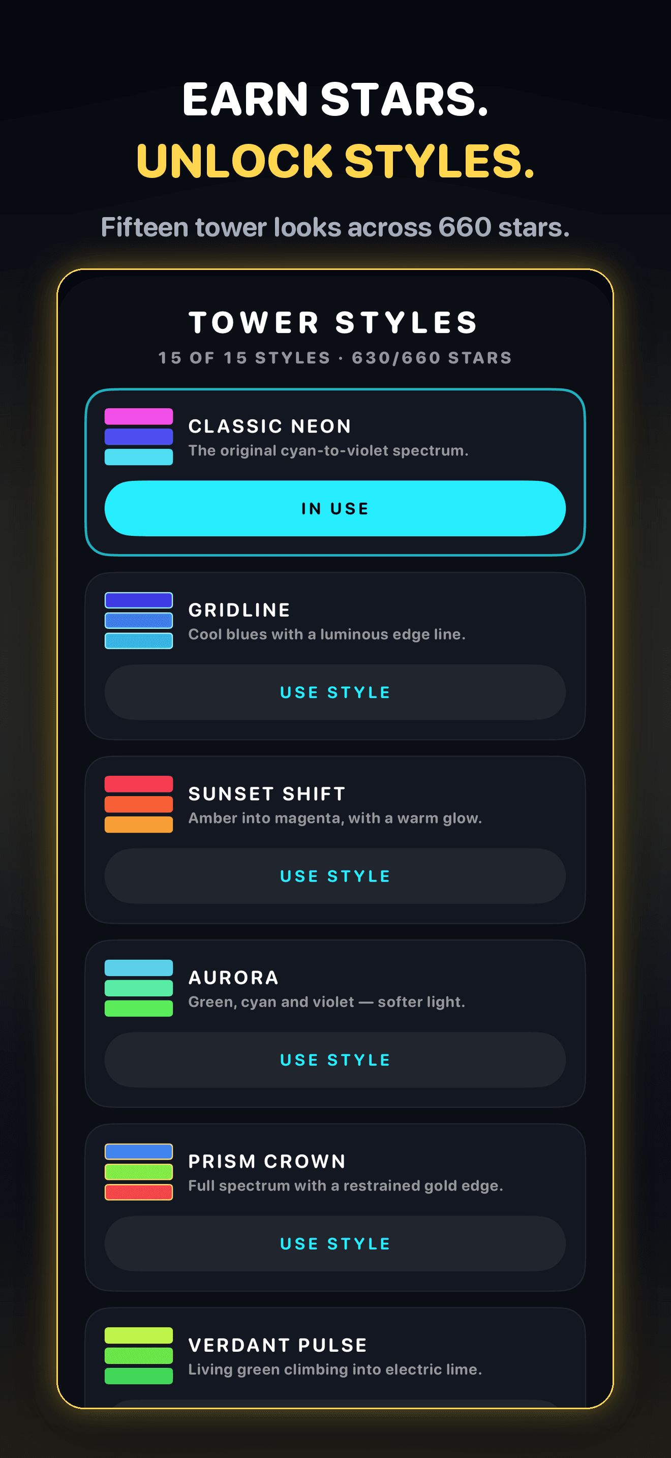 StackShift tower styles screen showing unlockable looks including Classic Neon, Gridline, Sunset Shift, Aurora, Prism Crown and Verdant Pulse