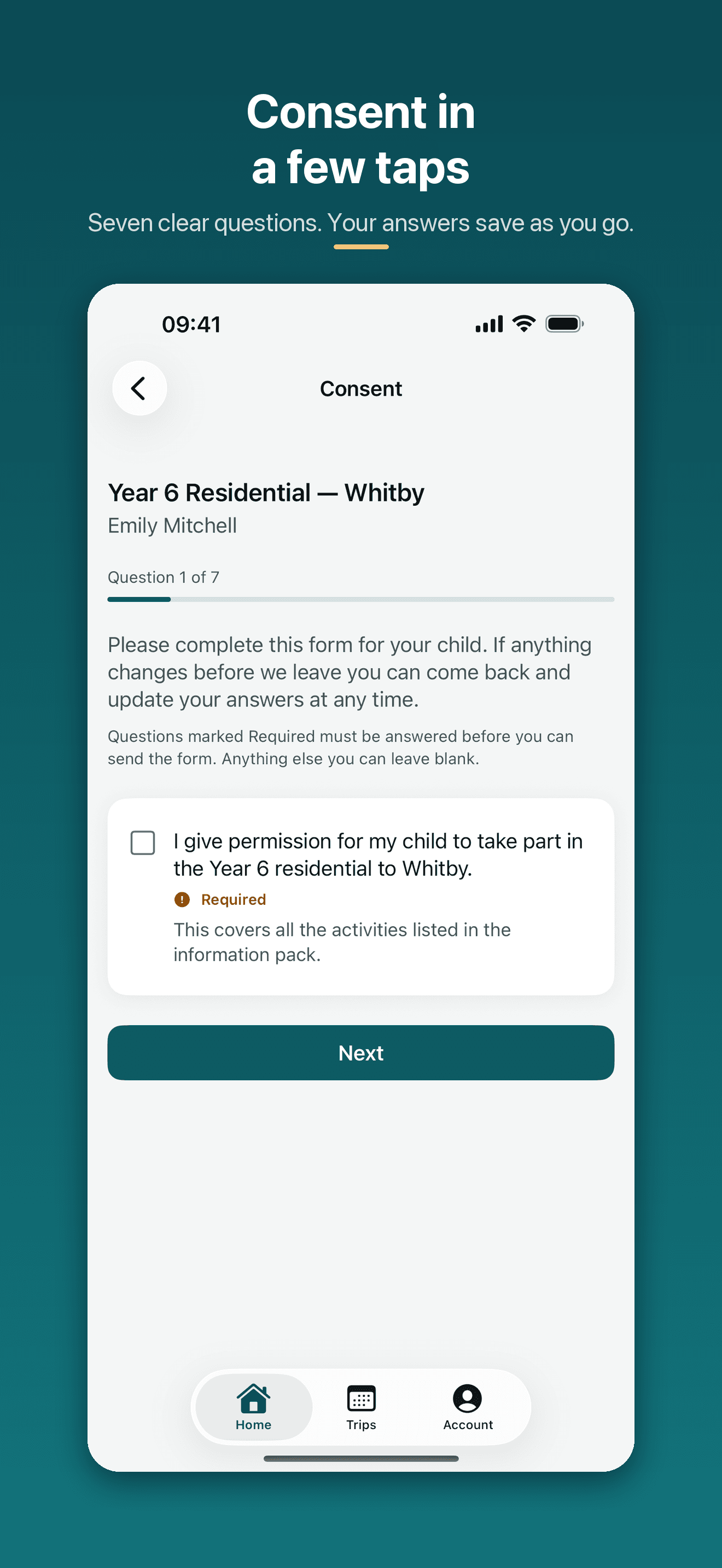 Trip Manager consent screen presenting one clear question at a time