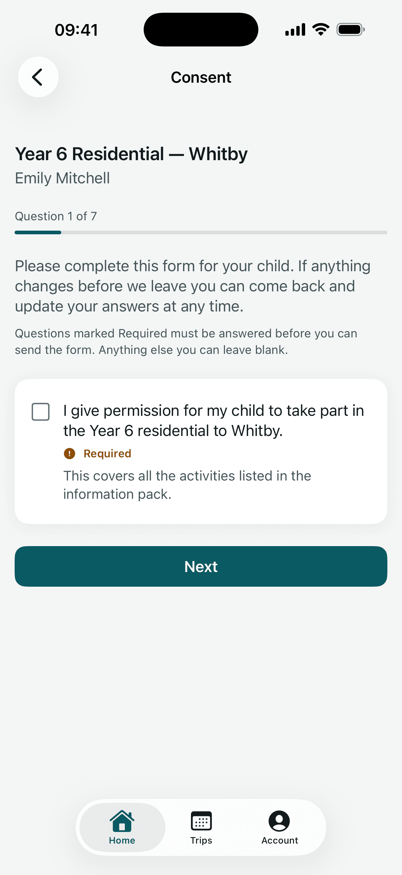 Trip Manager consent screen presenting one clear question at a time