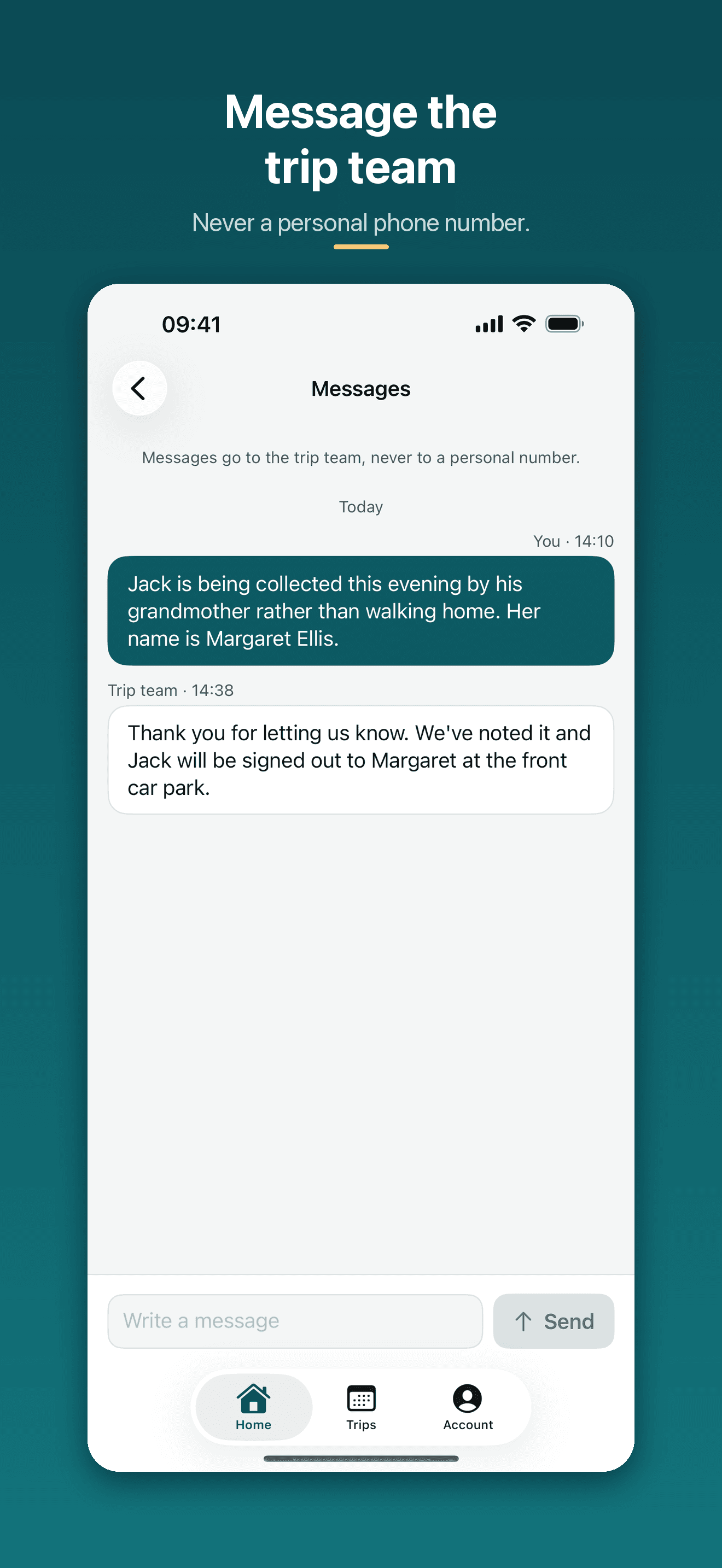 Messages screen showing a conversation between a parent and the trip team