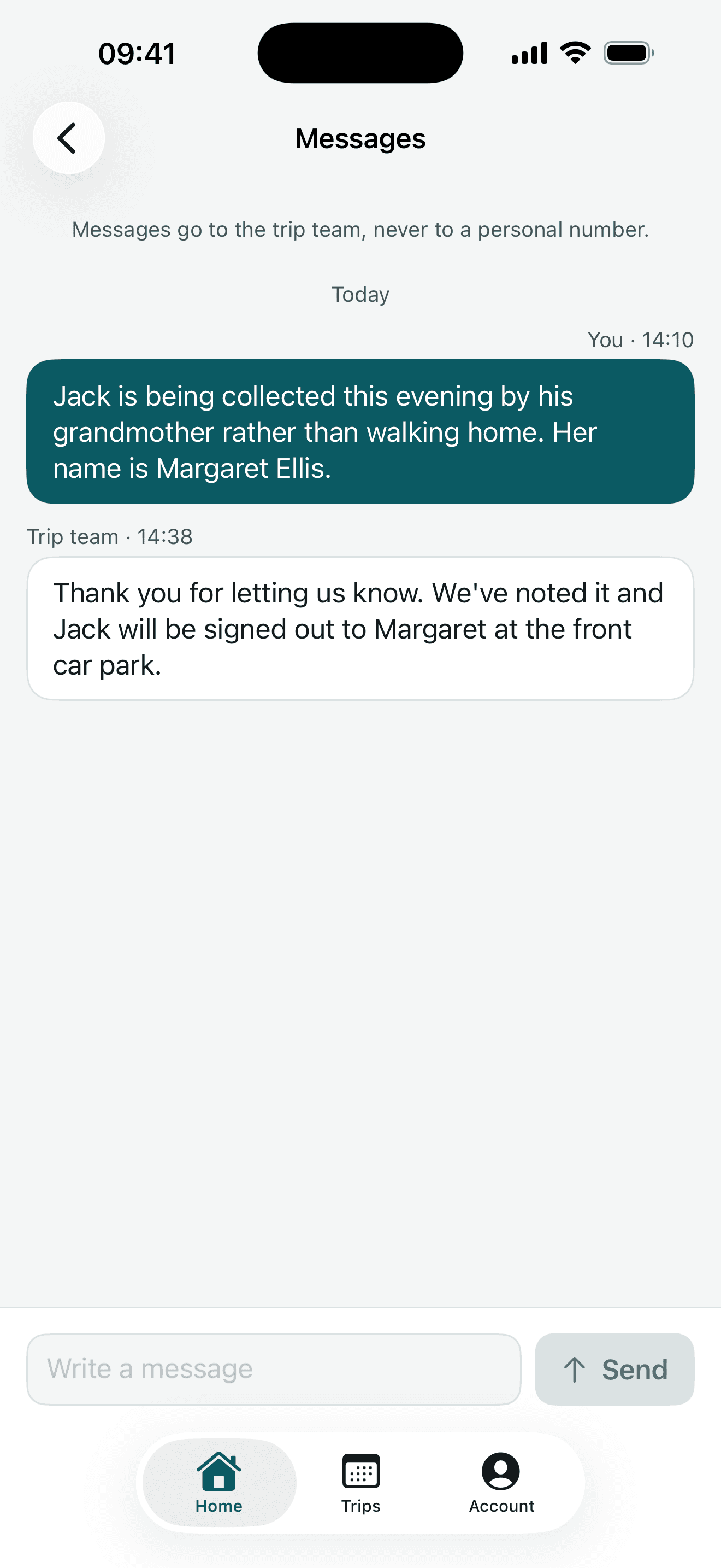Messages screen showing a conversation between a parent and the trip team