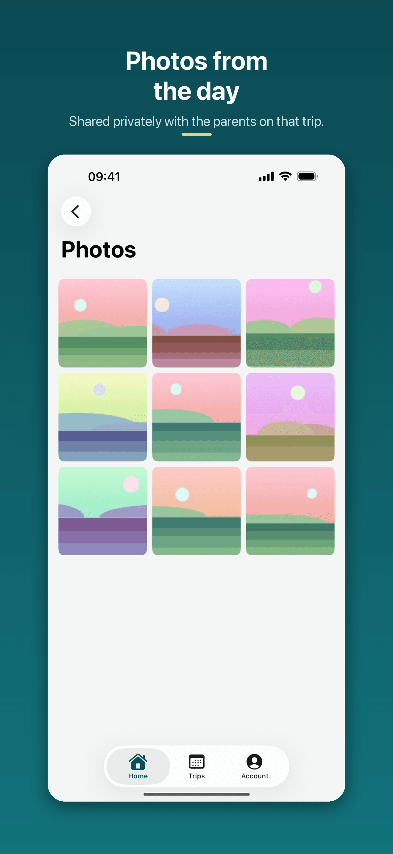 Trip Manager parent photo gallery with published trip photos in the supplied marketing preview