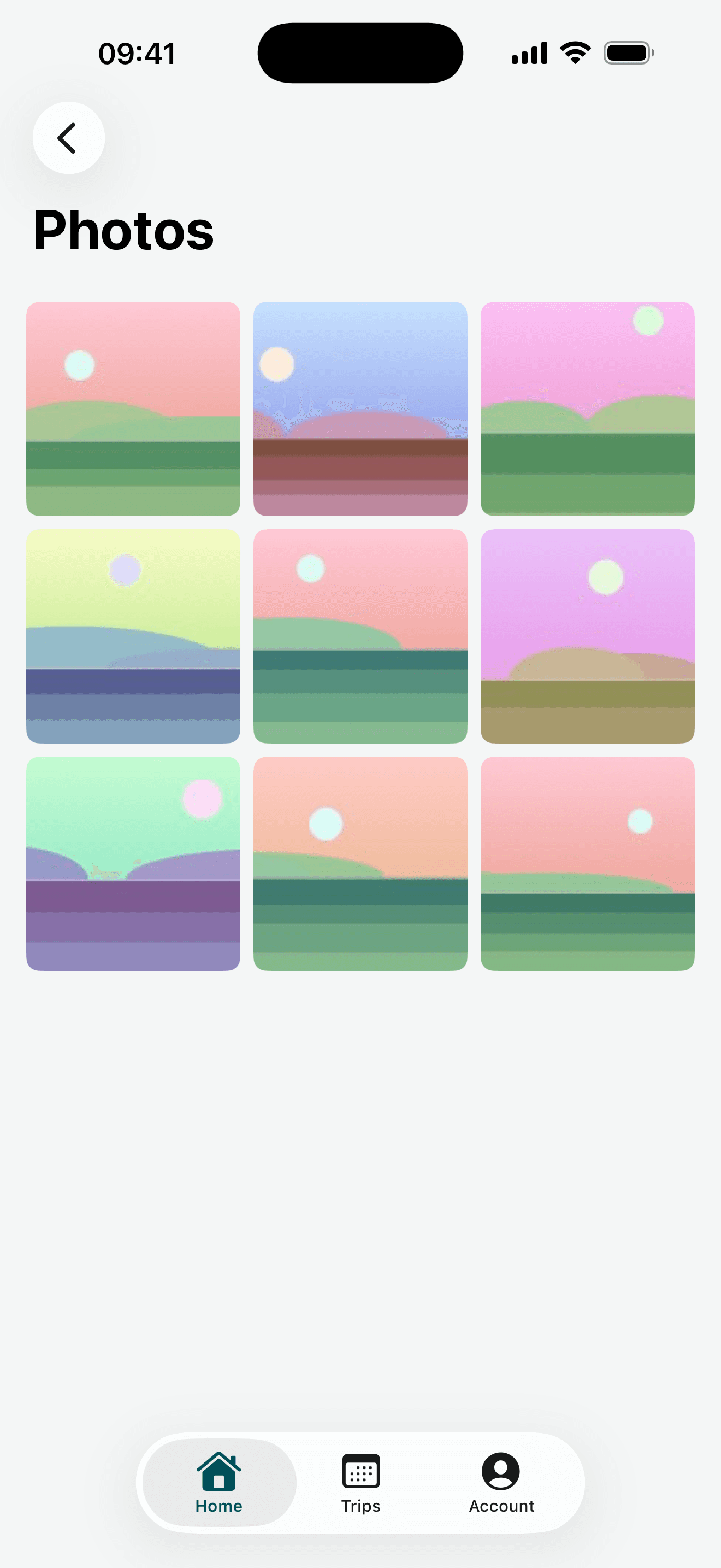 Trip photo gallery using abstract demo images with no identifiable people