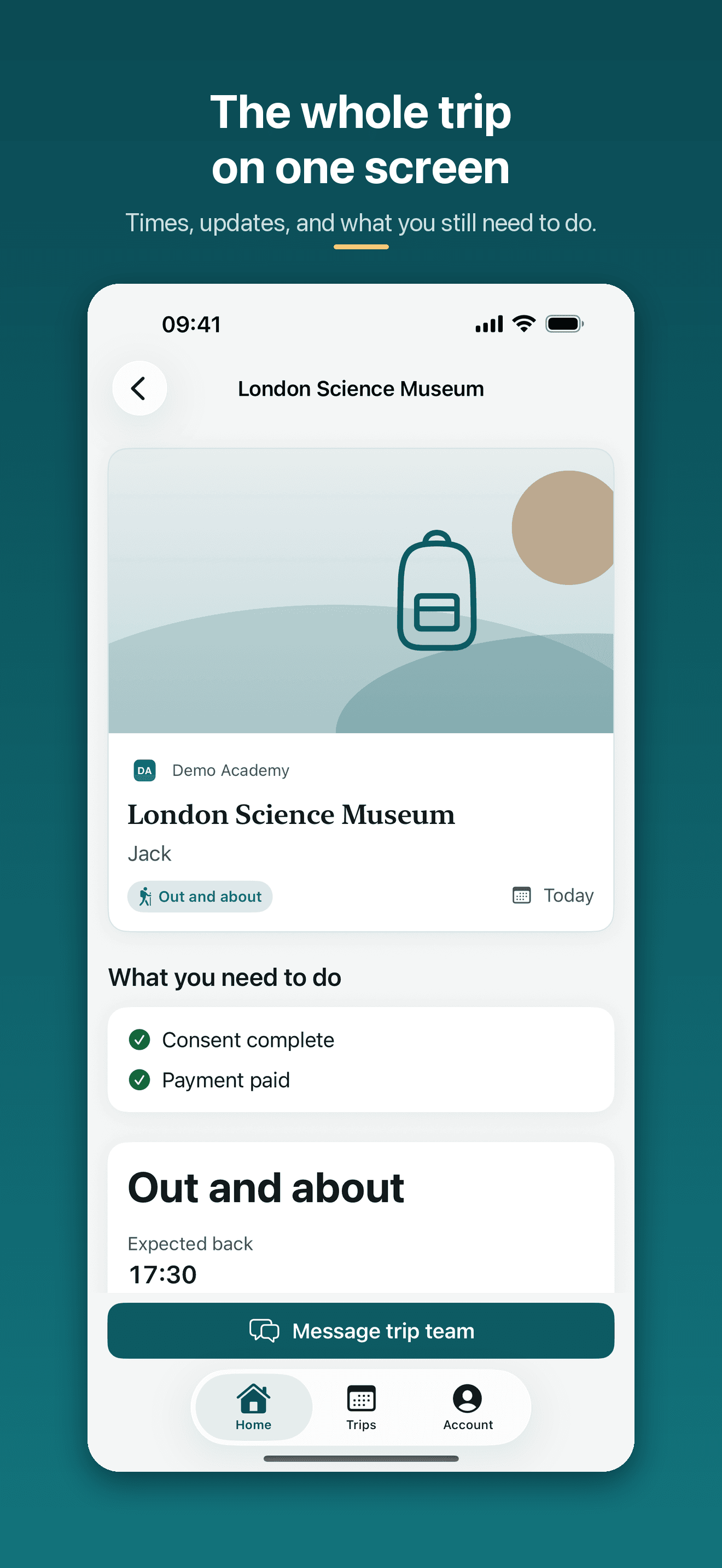 Parent trip screen with expected return time, timeline and outstanding actions