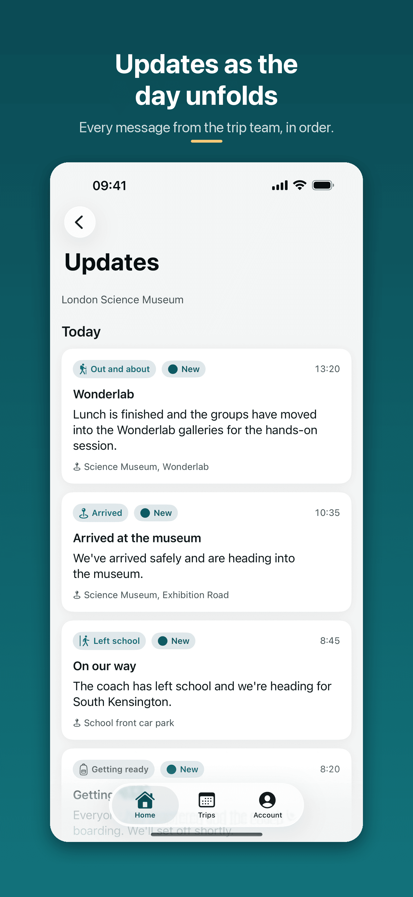 Trip updates screen listing messages from the trip team in time order