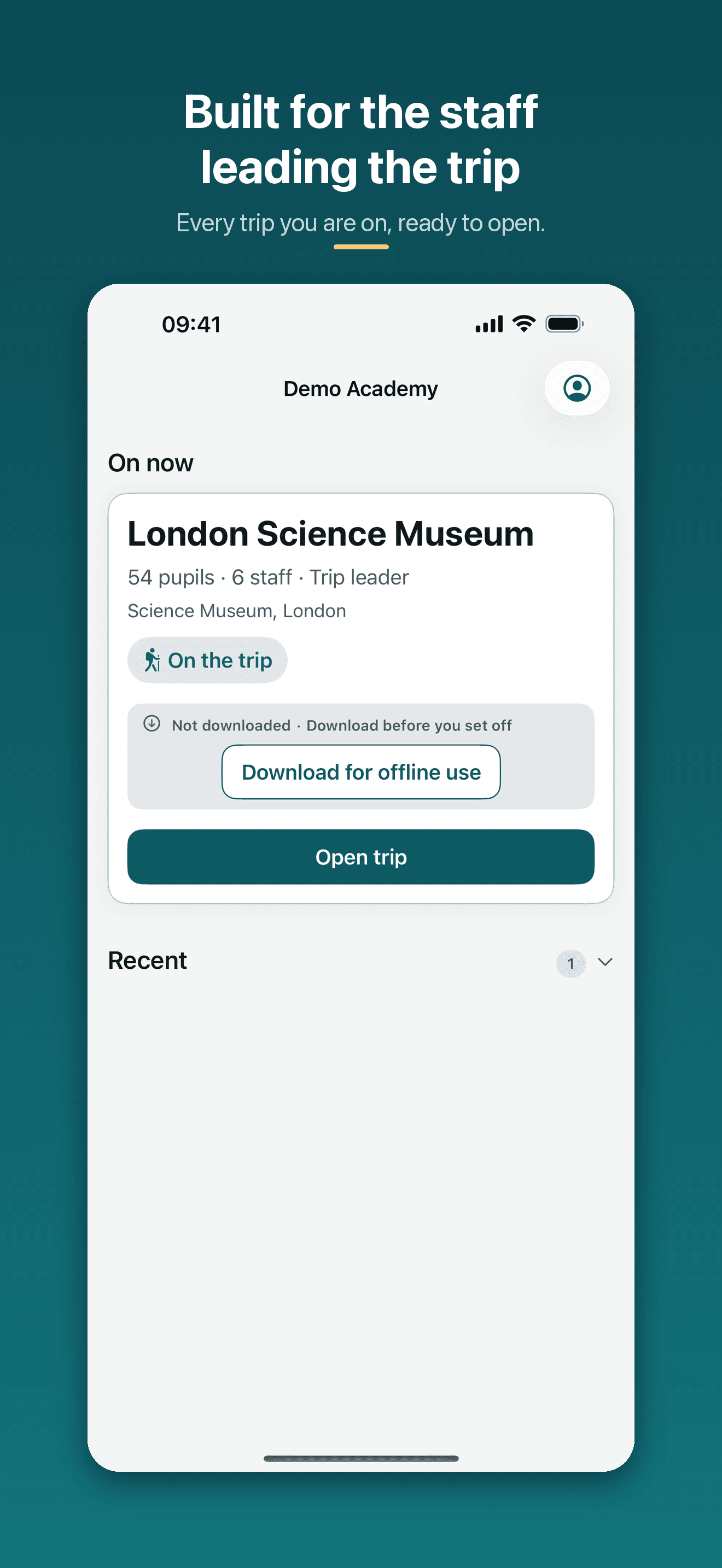 Staff home screen showing an active trip and an option to prepare it for offline use