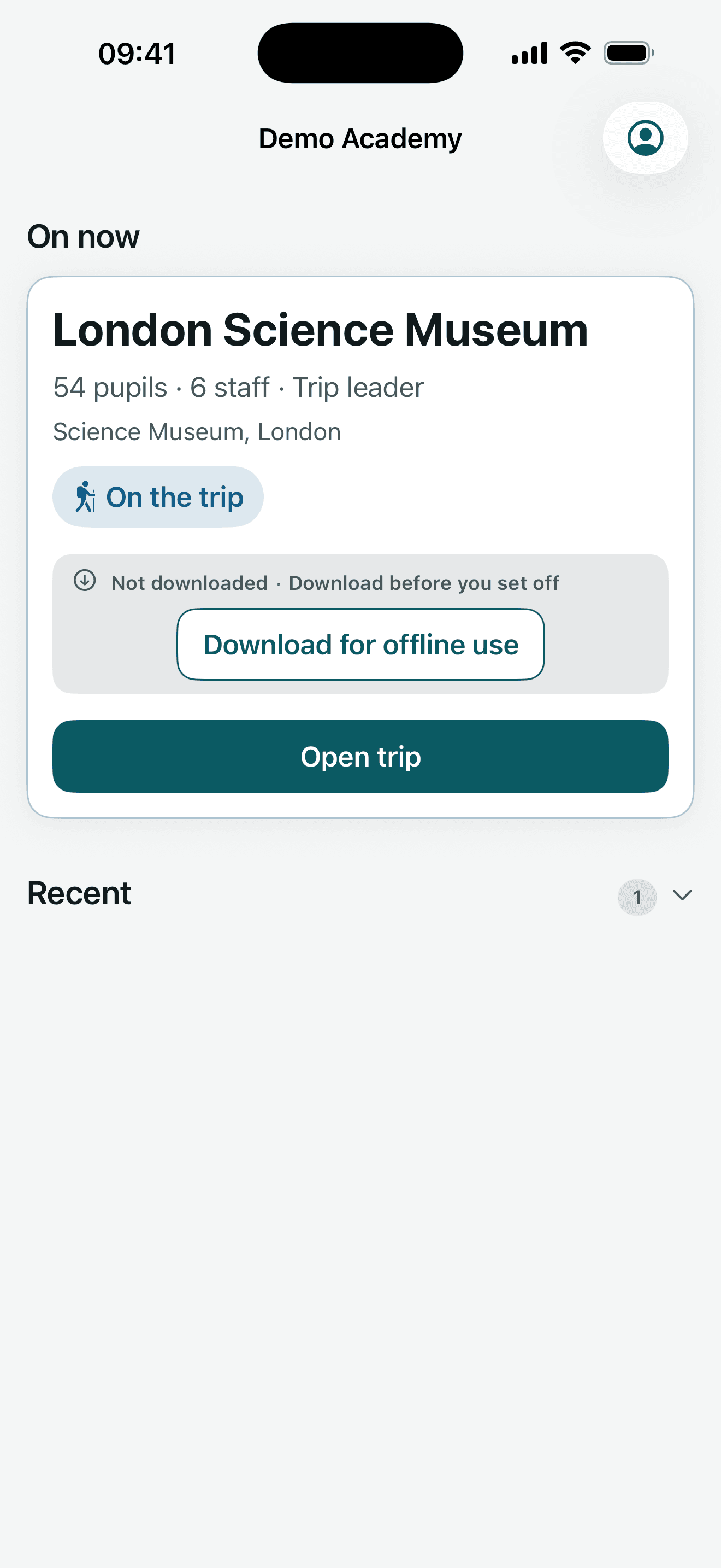 Staff home screen showing an active trip and an option to prepare it for offline use