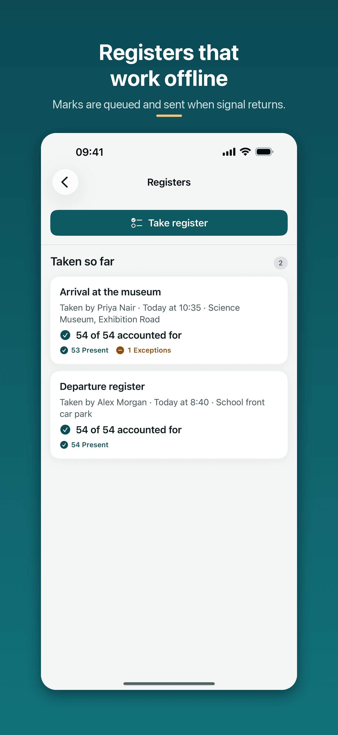 Staff registers screen showing pupil counts and register sync status