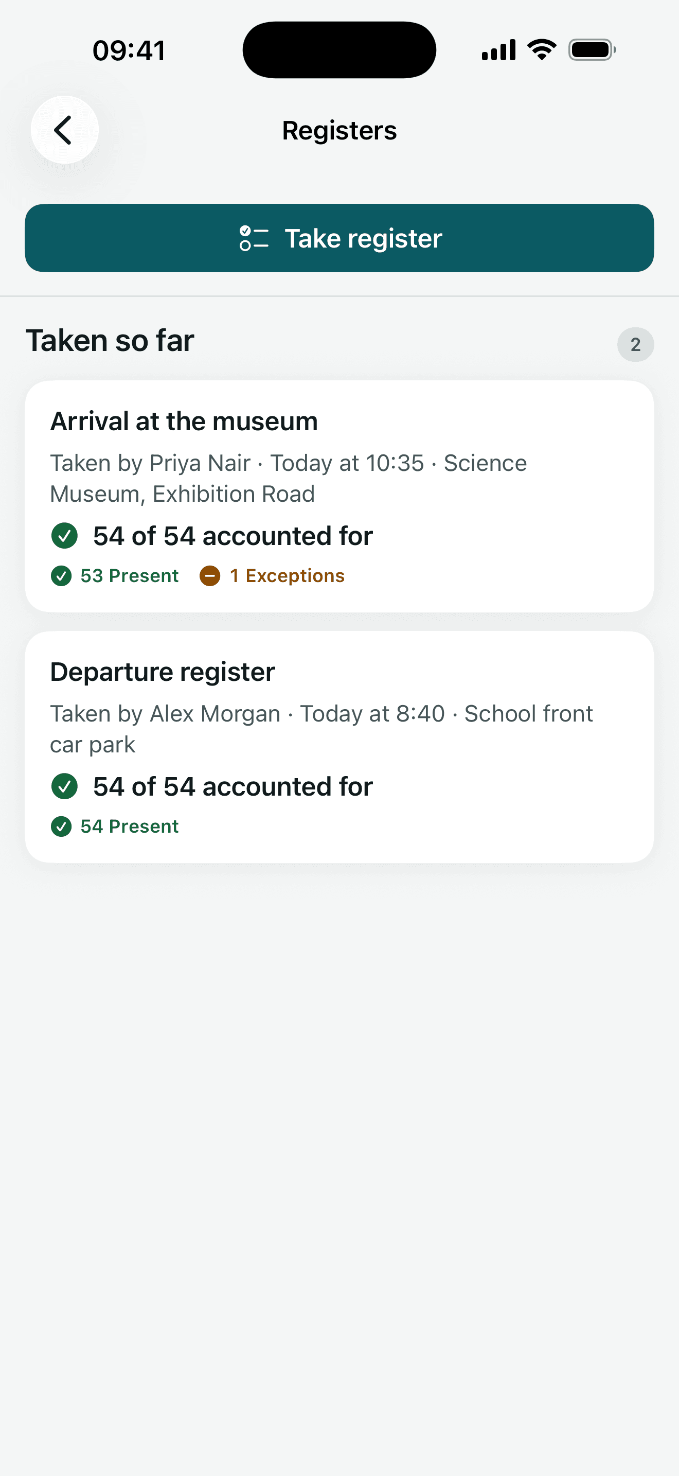 Staff registers screen showing pupil counts and register sync status